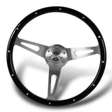 W-Power 15" 380mm 6-Bolt Rivet Stud Steering Wheel with Brushed Aluminum 3-Spoke Center - Black Wood Grain / Chrome Spokes