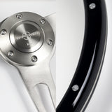 W-Power 15" 380mm 6-Bolt Rivet Stud Steering Wheel with Brushed Aluminum 3-Spoke Center - Black Wood Grain / Chrome Spokes