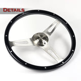 W-Power 15" 380mm 6-Bolt Rivet Stud Steering Wheel with Brushed Aluminum 3-Spoke Center - Black Wood Grain / Chrome Spokes
