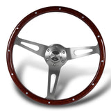 W-Power 15" 380mm 6-Bolt Rivet Stud Steering Wheel with Brushed Aluminum 3-Spoke Center - Dark Wood Grain / Chrome Spokes