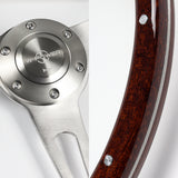 W-Power 15" 380mm 6-Bolt Rivet Stud Steering Wheel with Brushed Aluminum 3-Spoke Center - Dark Wood Grain / Chrome Spokes
