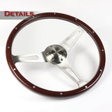 W-Power 15" 380mm 6-Bolt Rivet Stud Steering Wheel with Brushed Aluminum 3-Spoke Center - Dark Wood Grain / Chrome Spokes