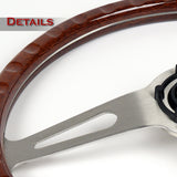 W-Power 15" 380mm 6-Bolt Rivet Stud Steering Wheel with Brushed Aluminum 3-Spoke Center - Dark Wood Grain / Chrome Spokes