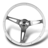 W-Power 15" 380mm 6-Bolt Rivet Stud Steering Wheel with Brushed Aluminum 3-Spoke Center - White Wood Grain / Chrome Spokes