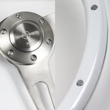 W-Power 15" 380mm 6-Bolt Rivet Stud Steering Wheel with Brushed Aluminum 3-Spoke Center - White Wood Grain / Chrome Spokes