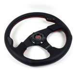 13.5" MOMO-Black Sport Steering Wheel – 3-Spoke Perforated Grip with Red Stitching
