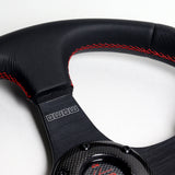13.5" MOMO-Black Sport Steering Wheel – 3-Spoke Perforated Grip with Red Stitching