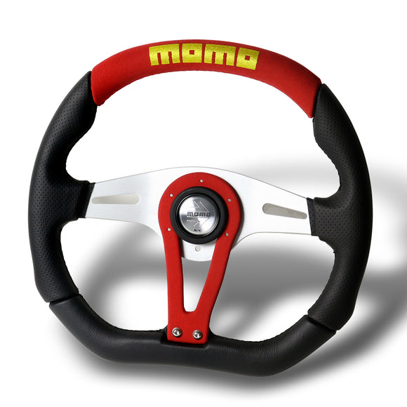 350mm Black & Red 3-Spoke MOMO-Sport Steering Wheel – 6-Bolt 70mm