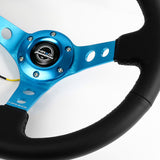 NRG 13.5" 350mm 6-Bolt Hole Black Leather Grip With Aluminum Finished 3-Spoke 3.5 Inches Deep Dish Racing Steering Wheel RST-006BL -Blue Center