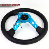 NRG 13.5" 350mm 6-Bolt Hole Black Leather Grip With Aluminum Finished 3-Spoke 3.5 Inches Deep Dish Racing Steering Wheel RST-006BL -Blue Center