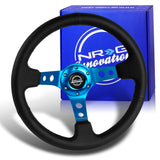 NRG 13.5" 350mm 6-Bolt Hole Black Leather Grip With Aluminum Finished 3-Spoke 3.5 Inches Deep Dish Racing Steering Wheel RST-006BL -Blue Center