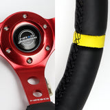 NRG 14" 350mm 6-Bolt Hole Black Leather Yellow Stripe Grip With Aluminum Finished 3-Spoke 3 Inches Deep Dish Racing Steering Wheel RST-006RD-Y -Red Center