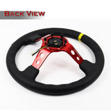NRG 14" 350mm 6-Bolt Hole Black Leather Yellow Stripe Grip With Aluminum Finished 3-Spoke 3 Inches Deep Dish Racing Steering Wheel RST-006RD-Y -Red Center