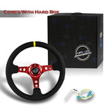 NRG 14" 350mm 6-Bolt Hole Black Leather Yellow Stripe Grip With Aluminum Finished 3-Spoke 3 Inches Deep Dish Racing Steering Wheel RST-006RD-Y -Red Center