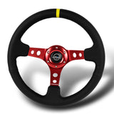 NRG 14" 350mm 6-Bolt Hole Black Leather Yellow Stripe Grip With Aluminum Finished 3-Spoke 3 Inches Deep Dish Racing Steering Wheel RST-006RD-Y -Red Center