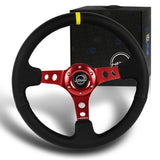 NRG 14" 350mm 6-Bolt Hole Black Leather Yellow Stripe Grip With Aluminum Finished 3-Spoke 3 Inches Deep Dish Racing Steering Wheel RST-006RD-Y -Red Center