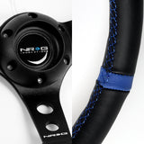NRG Racing Style 14" 350mm 6-Bolt Hole Black Leather Grip With Aluminum Finished 3-Spoke 3 Inch Deep Dish Black Center Steering Wheel RST-016R-BK -Blue Stitch