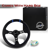 NRG Racing Style 14" 350mm 6-Bolt Hole Black Leather Grip With Aluminum Finished 3-Spoke 3 Inch Deep Dish Black Center Steering Wheel RST-016R-BK -Blue Stitch