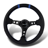 NRG Racing Style 14" 350mm 6-Bolt Hole Black Leather Grip With Aluminum Finished 3-Spoke 3 Inch Deep Dish Black Center Steering Wheel RST-016R-BK -Blue Stitch