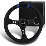NRG Racing Style 14" 350mm 6-Bolt Hole Black Leather Grip With Aluminum Finished 3-Spoke 3 Inch Deep Dish Black Center Steering Wheel RST-016R-BK -Blue Stitch