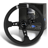NRG Racing Style 13.75" 350mm 6-Bolt Hole Black Leather Grip With Aluminum Finished 3-Spoke 3 Inch Deep Dish Black Center Steering Wheel RST-016R-SL-Silver Stitch
