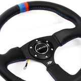 NRG 13.75" 350mm 6-Bolt Hole Premium Black Leather With Blue Red Stitch Grip Aluminum Finished 3-Spoke 3 Inch Deep Dish Steering Wheel RST-023MB-R-M3 -Black Spoke