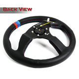 NRG 13.75" 350mm 6-Bolt Hole Premium Black Leather With Blue Red Stitch Grip Aluminum Finished 3-Spoke 3 Inch Deep Dish Steering Wheel RST-023MB-R-M3 -Black Spoke