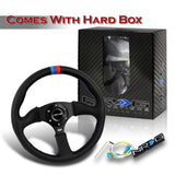 NRG 13.75" 350mm 6-Bolt Hole Premium Black Leather With Blue Red Stitch Grip Aluminum Finished 3-Spoke 3 Inch Deep Dish Steering Wheel RST-023MB-R-M3 -Black Spoke