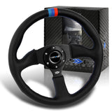 NRG 13.75" 350mm 6-Bolt Hole Premium Black Leather With Blue Red Stitch Grip Aluminum Finished 3-Spoke 3 Inch Deep Dish Steering Wheel RST-023MB-R-M3 -Black Spoke