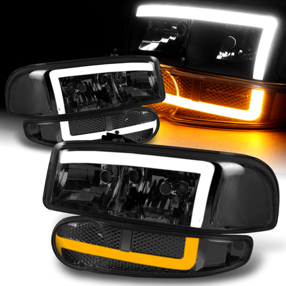 For 2001 - 2007 GMC Sierra 1500 Denali LED DRL Headlights -Chrome Housing / Smoke Lens / Clear Reflectors (4-Piece Set)