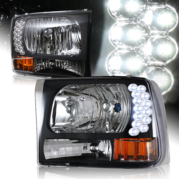 For 1999 - 2004 Ford F250 / F350 Super Duty / Excursion LED DRL Headlights -Black Housing / Clear Lens / Amber Reflectors