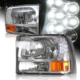 For 1999 - 2004 Ford F250 / F350 Super Duty / Excursion LED DRL Headlights -Chrome Housing / Clear Lens / Amber Reflectors