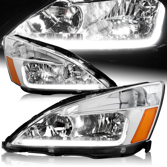 For 2003 - 2007 Honda Accord LED DRL Headlights -Chrome Housing / Clear Lens / Amber Reflectors