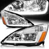For 2003 - 2007 Honda Accord LED DRL Headlights -Chrome Housing / Clear Lens / Amber Reflectors
