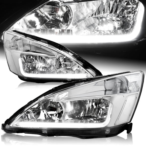 For 2003 - 2007 Honda Accord LED DRL Headlights -Chrome Housing / Clear Lens / Clear Reflectors