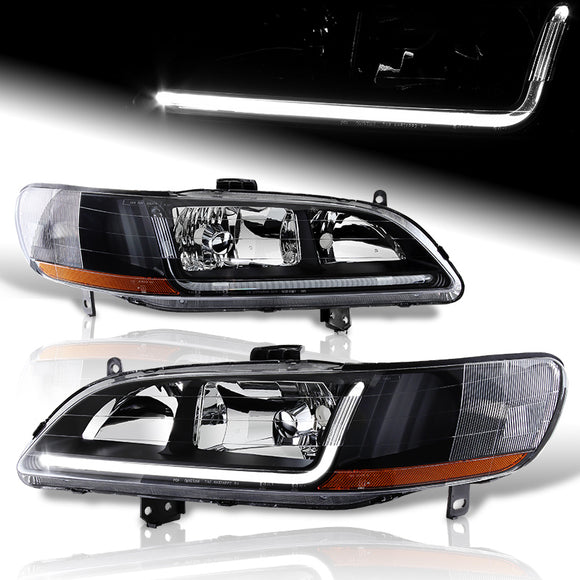 For 1998 - 2002 Honda Accord LED DRL Headlights -Black Housing / Clear Lens / Amber Reflectors