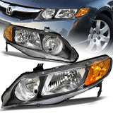 For 2006 - 2011 Honda Civic 4DR/Sedan Headlights -Black Housing / Clear Lens / Amber Reflectors