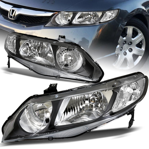 For 2006 - 2011 Honda Civic 4DR/Sedan Headlights -Black Housing / Clear Lens / Clear Reflectors