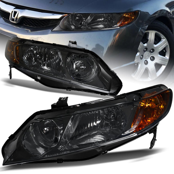 For 2006 - 2011 Honda Civic 4DR/Sedan Headlights -Black Housing / Smoke Lens / Amber Reflectors