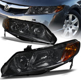 For 2006 - 2011 Honda Civic 4DR/Sedan Headlights -Black Housing / Smoke Lens / Amber Reflectors