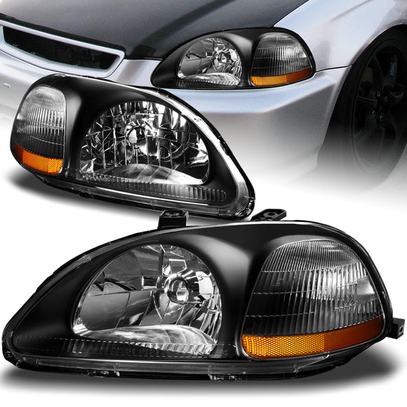 For 1996 - 1998 Honda Civic EK 2/3/4 Door Headlights -Black Housing / Clear Lens / Amber Reflectors