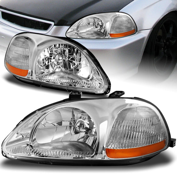 For 1996 - 1998 Honda Civic EK 2/3/4 Door Headlights -Chrome Housing / Clear Lens / Amber Reflectors