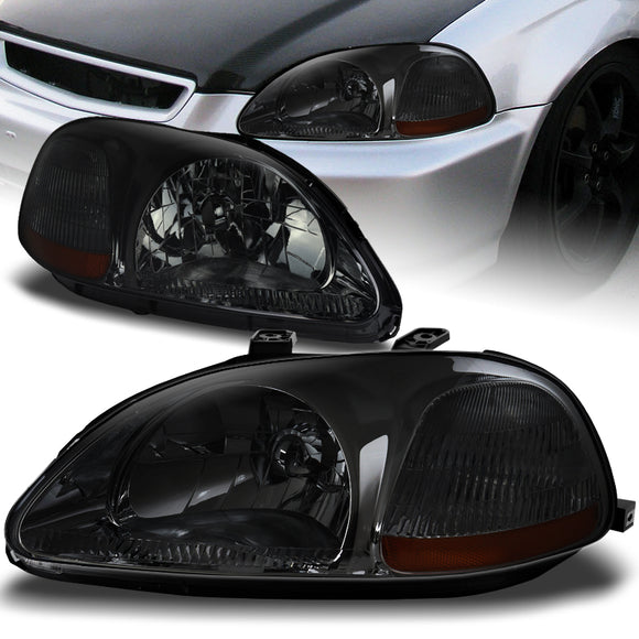 For 1996 - 1998 Honda Civic EK 2/3/4 Door Headlights -Chrome Housing / Smoke Lens / Amber Reflectors