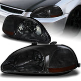 For 1996 - 1998 Honda Civic EK 2/3/4 Door Headlights -Chrome Housing / Smoke Lens / Amber Reflectors