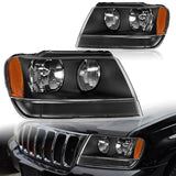 For 1999 - 2004 Jeep Grand Cherokee Headlights -Black Housing / Clear Lens / Amber Reflectors