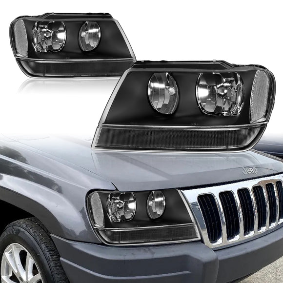 For 1999 - 2004 Jeep Grand Cherokee Headlights -Black Housing / Clear Lens / Clear Reflectors
