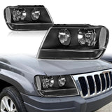 For 1999 - 2004 Jeep Grand Cherokee Headlights -Black Housing / Clear Lens / Clear Reflectors