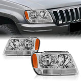 For 1999 - 2004 Jeep Grand Cherokee Headlights -Chrome Housing / Clear Lens / Amber Reflectors