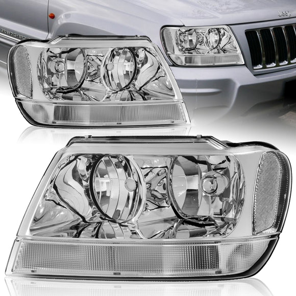 For 1999 - 2004 Jeep Grand Cherokee Headlights -Chrome Housing / Clear Lens / Clear Reflectors
