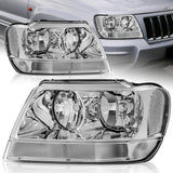 For 1999 - 2004 Jeep Grand Cherokee Headlights -Chrome Housing / Clear Lens / Clear Reflectors